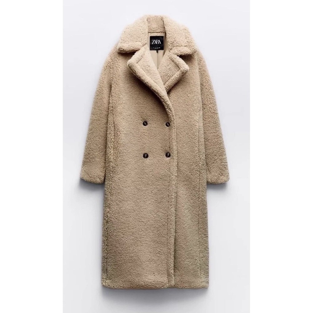 ZARA Camel Beige Faux Shearling Long Teddy Coat L Oversized Chunky Coquette